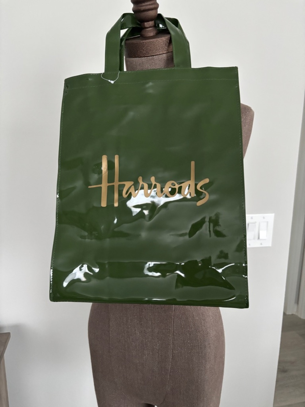 NWOT Harrods London Green PVC Shiny Logo Shopper Tote